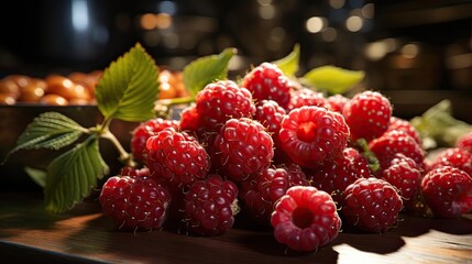 Wall Mural - a pile of raspberries sitting on top of a wooden table