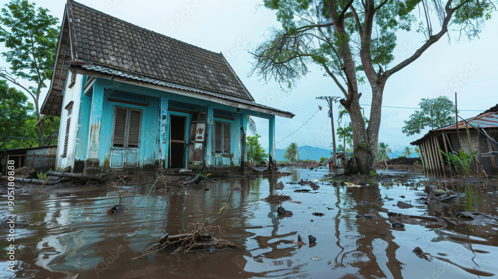 a settlement after natural disasters. flooded residential buildings. Destruction after natural disasters. International Day of Action for Disaster Risk Reduction
