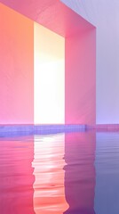 Wall Mural - A asian pavilion and water, neon bright colors lighting in a fashion photography style background, ai generated