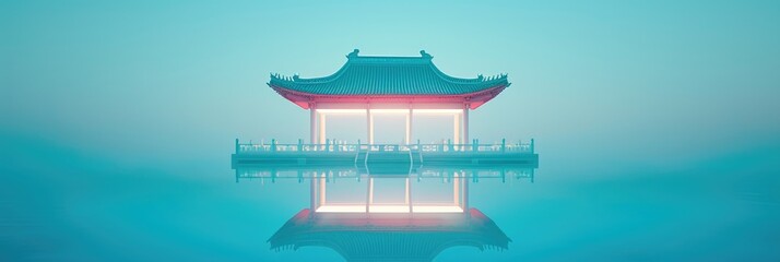 A asian pavilion and water, neon bright colors lighting in a fashion photography style background, ai generated