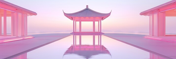 Wall Mural - A asian pavilion and water, neon bright colors lighting in a fashion photography style background, ai generated