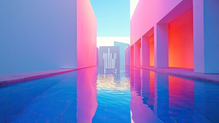 Wall Mural - A asian pavilion and water, neon bright colors lighting in a fashion photography style background, ai generated