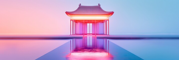 Canvas Print - A asian pavilion and water, neon bright colors lighting in a fashion photography style background, ai generated