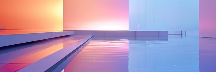 Wall Mural - A asian pavilion and water, neon bright colors lighting in a fashion photography style background, ai generated