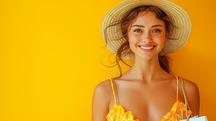 A cheerful young woman in a yellow summer dress and sunhat smiling against a vibrant yellow background, perfect for summer, travel, or outdoor lifestyle promotions