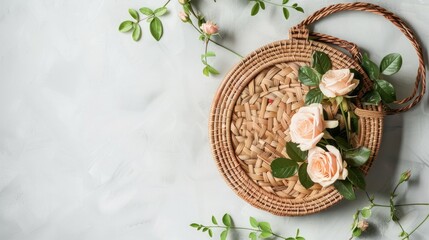 Wall Mural - stylish rattan handbag with roses and greenery on light background top view with space for text bali