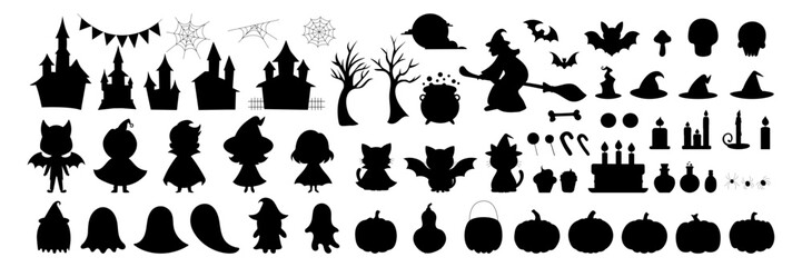 Wall Mural - A collection of Halloween-themed silhouettes, including witches, pumpkins, and other spooky figures