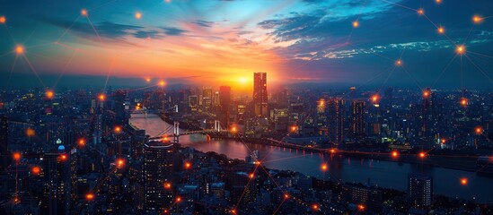 Wall Mural - Sunset Over Connected Cityscape