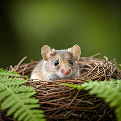 Wall Mural - A tiny mouse with creamy fur and bright eyes, resting in a small nest made of grass and twigs, surrounded by delicate ferns in a tranquil forest.