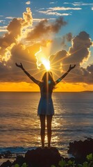 Poster - Silhouette of a Woman with Her Arms Raised as the Sun Rises Over the Ocean