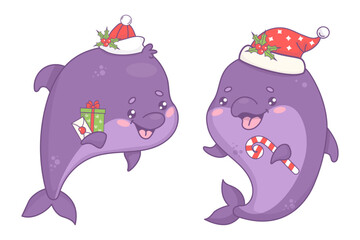 Sticker - Cute Christmas dolphins in Santa hat with gift and striped candy cane. Isolated New Year underwater holiday cartoon kawaii character animals. Vector illustration. Kids collection