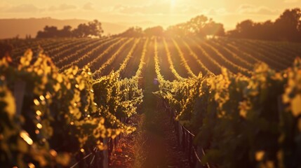 Wall Mural - Vineyard Rows at Sunset