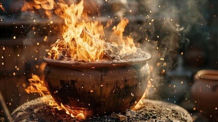 picture of fire burning wood into ashes in a clay pot