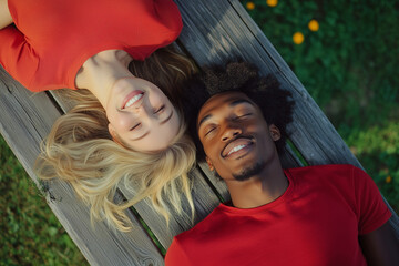 Happy young couple lying on the bench in the park, holding hands and smiling while relaxing outdoors during summer days. Asian woman with blonde hair wearing red shirt enjoying a date at green meadow.