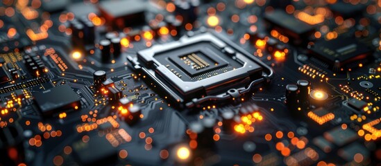 Wall Mural - closeup of a computer motherboard with glowing components