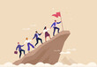 © nadzeya26 - Business Leadership Concept. Vector illustration of a group of diverse people climbing up to the top of a mountain, following a leader with a flag in his hand. Isolated on background