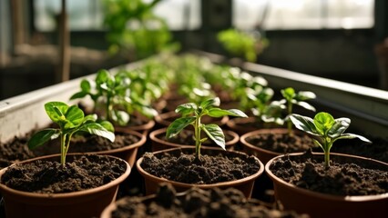 Wall Mural -  Freshly sprouted plants in a greenhouse