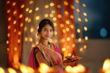 Poster - indian woman holding traditional oil lamp on diwali festival