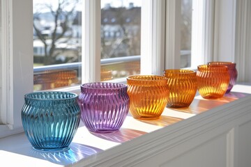 Sticker - Sunlit interior showcasing colorful glassware on a windowsill, highlighting the play of light and transparency.