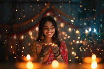 Poster - indian woman holding traditional oil lamp on diwali festival