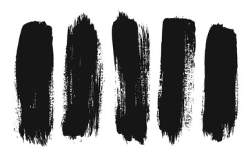 strokes of black paint, brush, roller, spatula. collection of brushes smears of paint on a white bac