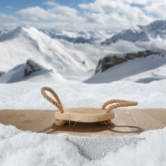 Wall Mural - wooden table with copy space for products and snow covered mountains winter background