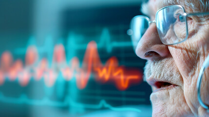 An elderly man observes a heartbeat monitor, showcasing the connection between age and health. Insights into medical importance.