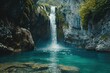 © ibhonk - Majestic Waterfall cascading into a serene blue pool surrounded by lush greenery and rugged cliffs.