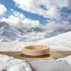 Wall Mural - wooden table with copy space for products and snow covered mountains winter background