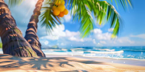 View of a beautiful tropical beach with white sands and clouds and palm trees.