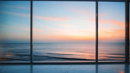 Wall Mural - Breathtaking coastal sunset seen through expansive windows