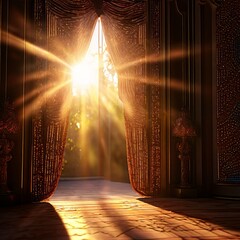 Sticker - sun rays streaming through a beaded doorway curtain creating a m