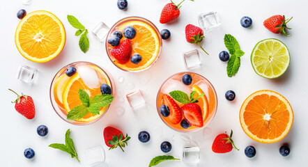 Wall Mural - Colorful fruit drinks with ice cubes and fruits on a white background in a top view.