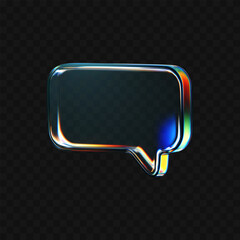 Wall Mural - 3d glass speech bubble icon with refraction and holographic effect isolated on dark background. Render transparent glass talk chat with overlay dispersion light, rainbow gradient. 3d vector morphism