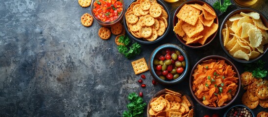 Sticker - Variety of Snacks in Bowls on a Rustic Background