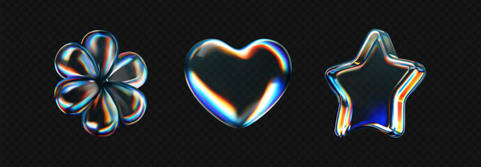 Wall Mural - 3d glass icon - heart, star, flower with refraction and holographic effect isolated on dark backgrou