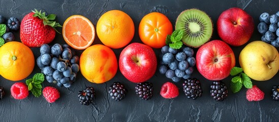 Canvas Print - Assortment of Colorful Fruits and Berries on Black Background