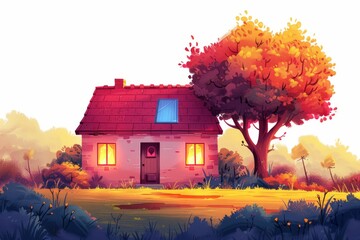 Sticker - Vibrant country home at sunset with colorful sky and lush surroundings, ideal for dreamy landscapes.