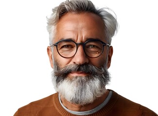 Wall Mural - portrait of a handsome middle-aged man with gray hair and beard wearing brown sweater and eyeglasses