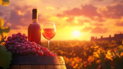 Wall Mural - A bottle of red wine and a glass of wine are on a table in front of a vineyard