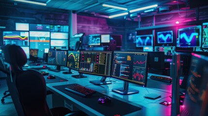 Wall Mural - the modern interior of a large data center displaying analytics on multiple screens with vibrant neo