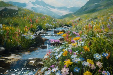 A Tranquil Stream Flowing Through a Mountain Meadow