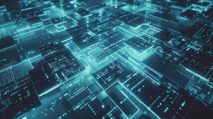 Glowing lines and binary code visualize futuristic servers exchanging data in a complex network