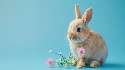 Wall Mural - A pure white rabbit sitting among soft pink and white flowers, contrasted with a calm turquoise background