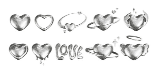 Wall Mural - 3d gritty hearts with grain gradient effect in y2k style isolated on white background. noise 3d hear