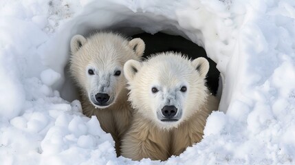 two white polar bear cubs look out of a snow hole