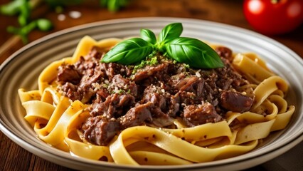 Sticker -  Delicious pasta dish with meat sauce and basil garnish