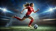 © Faiqdesigner - Energetic image of a woman dribbling a football with grace and agility showcasing her exceptional ball control and speed.