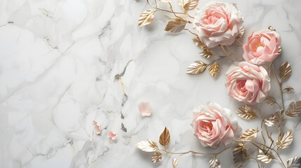 Wall Mural - Elegant arrangement of pink roses with golden leaves on a marble background. The luxurious and artistic setup exudes a sense of romance and sophistication.