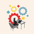 © Lustre Art Group  - Contemporary art collage. Woman typing amid colorful gears, highlighting intricate mechanisms of development and skill-building. Concept of business idea, success, communication, target. Ad